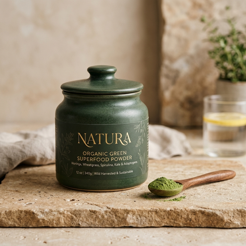 צנצנת קרמית של אבקת מזונות על ירוקים Superfood Green Blend